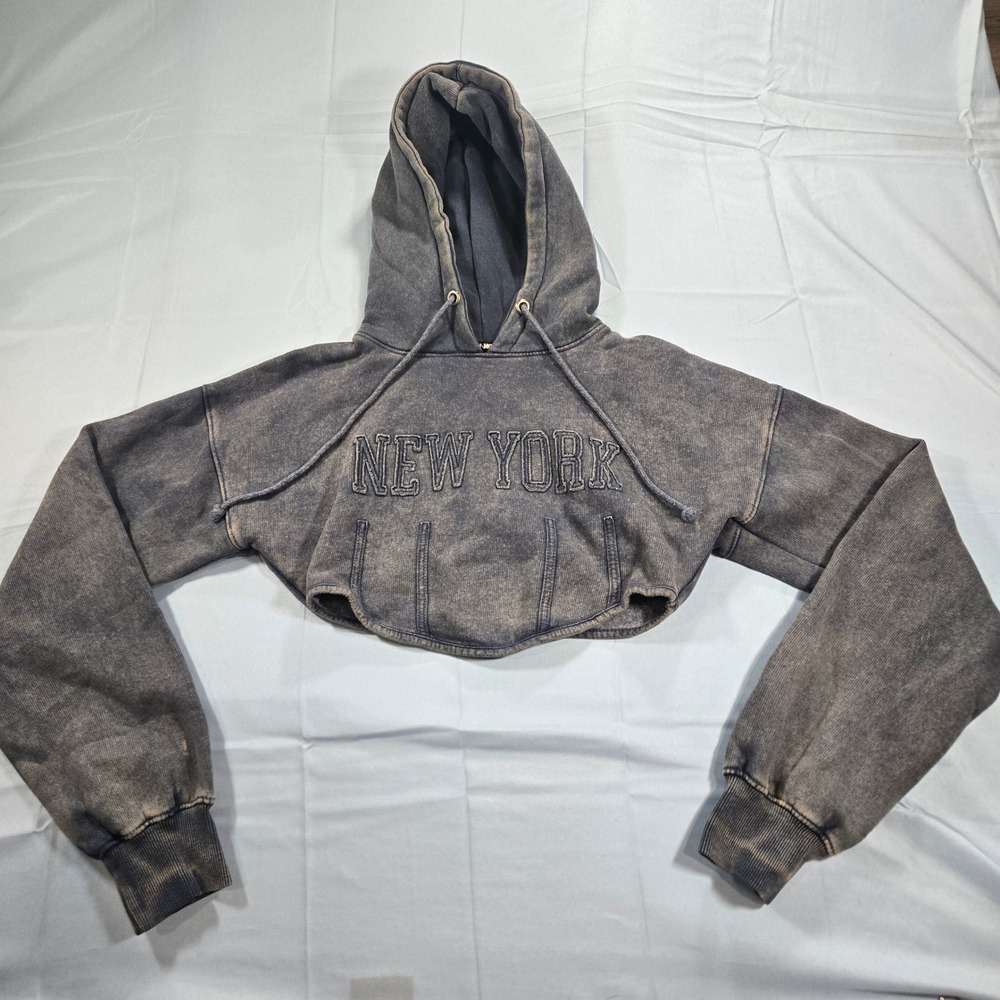 Fashion Nova New York Acid Wash Cropped Corset Hoodie Blue Small ZDZPK11177
